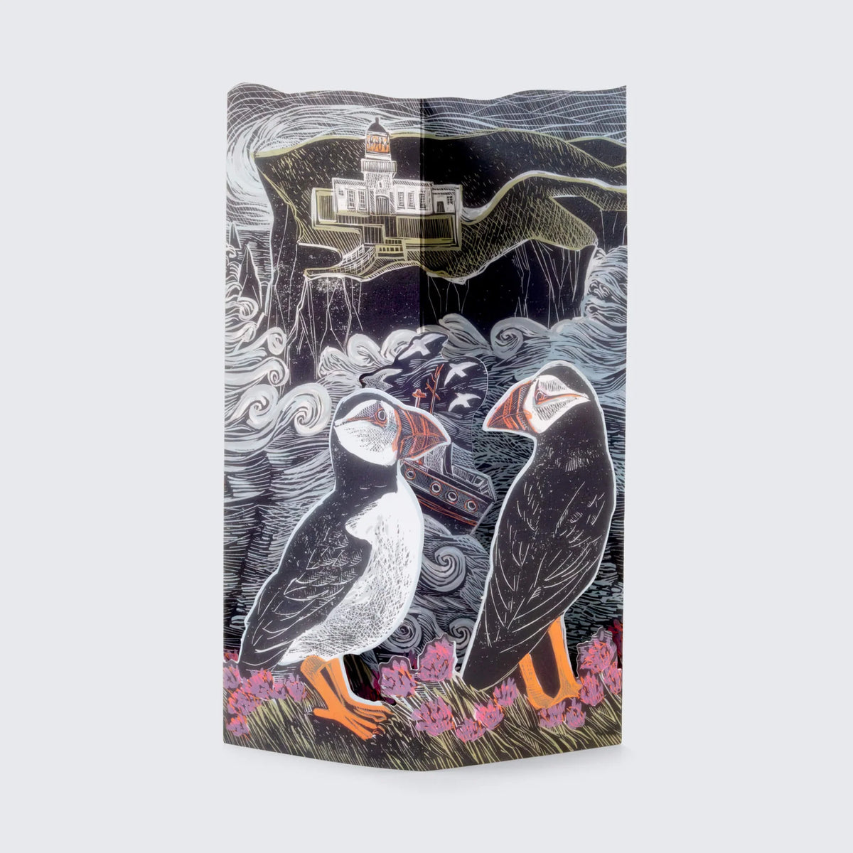 Fair Isle Puffins at the North Lighthouse - Fold Out 3D Card by Angela Harding