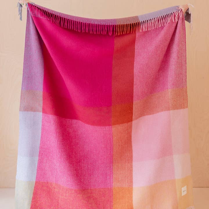 Recycled Wool Blanket / Throw - Pink Waffle Block