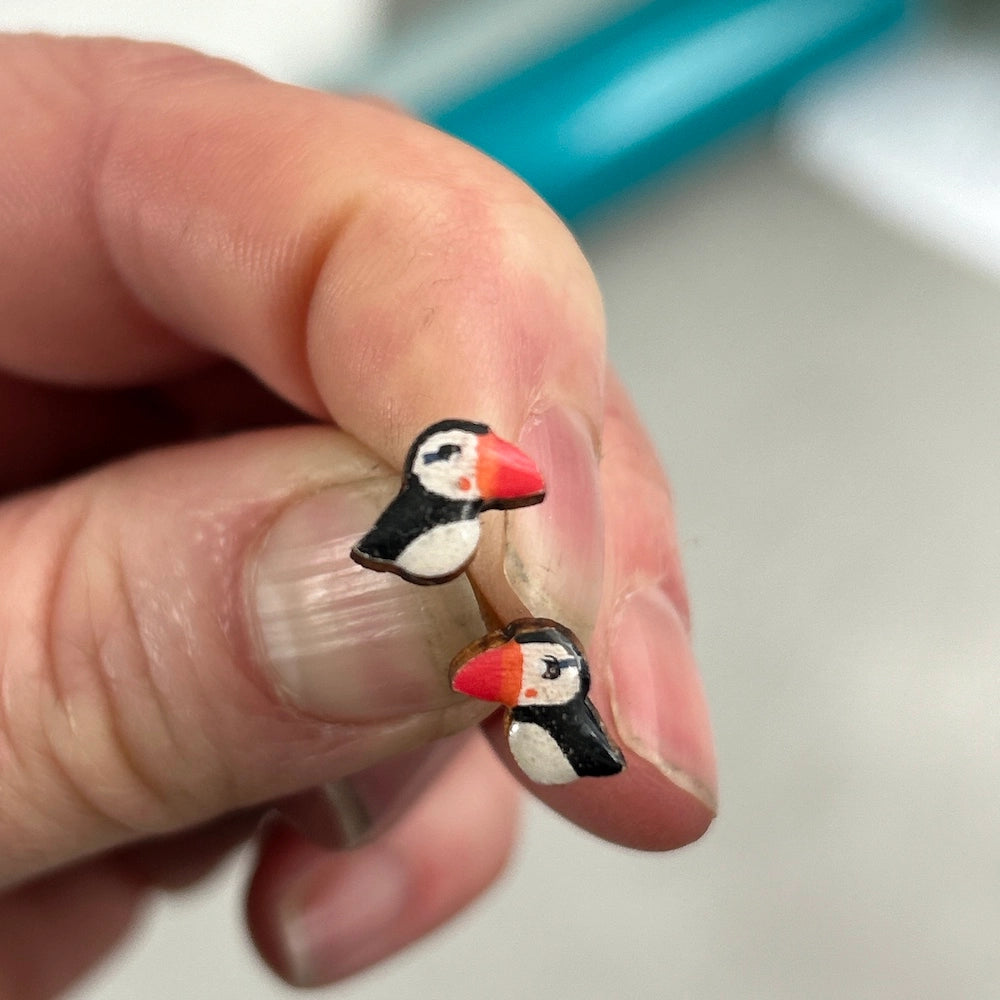 Wooden Puffin Earrings