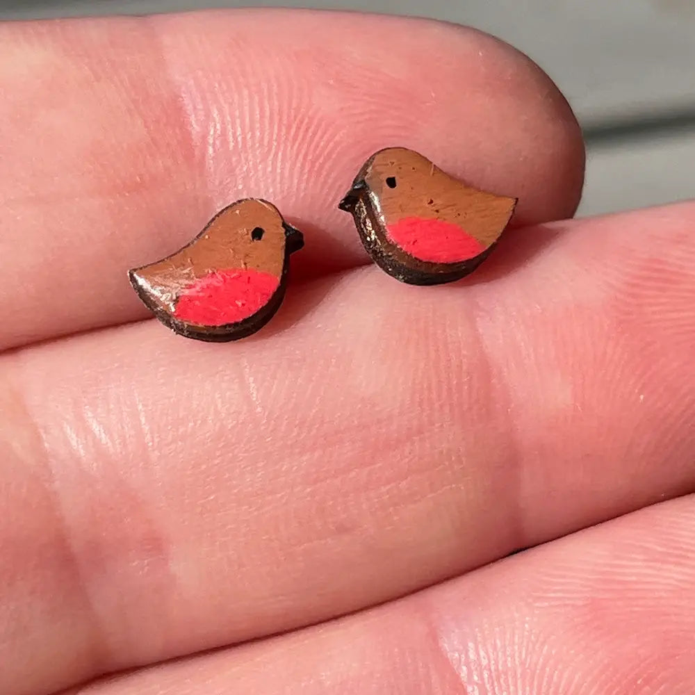 Wooden Christmas Robin Earrings