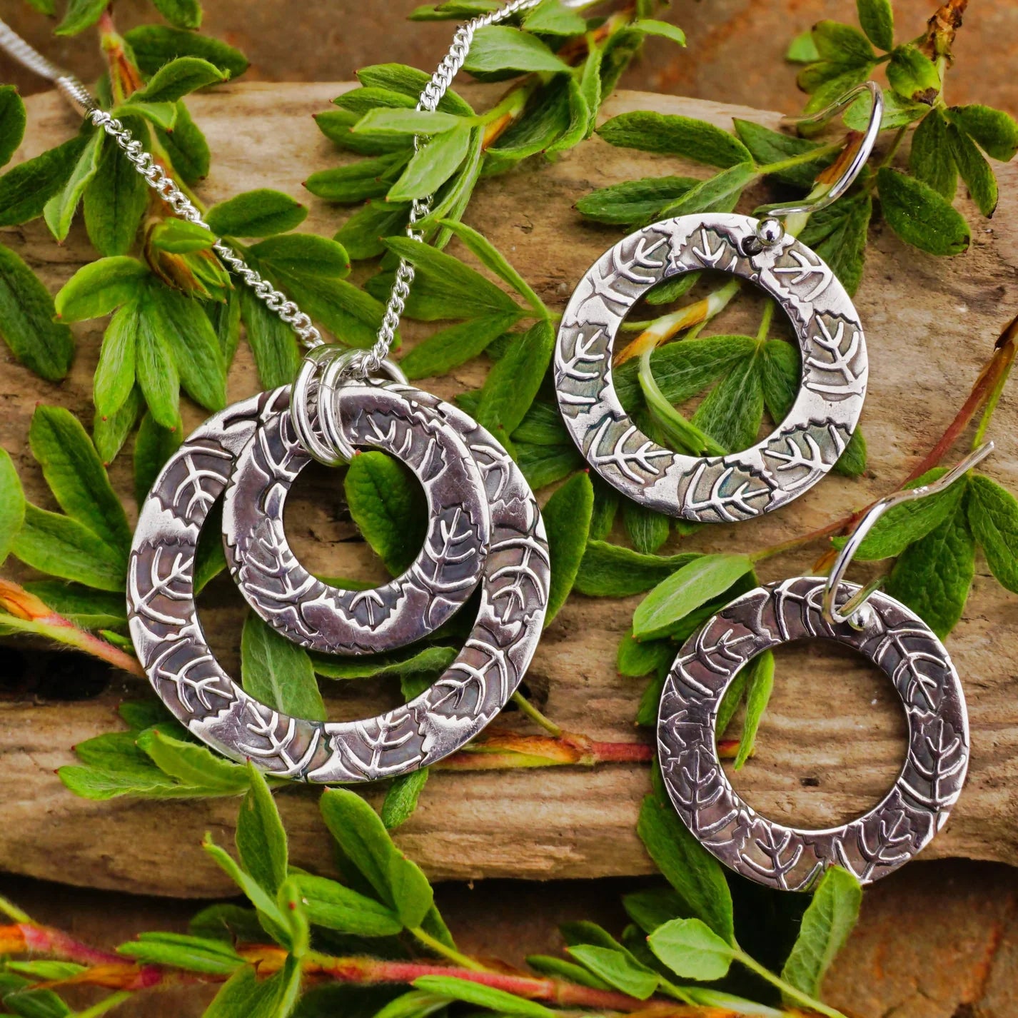 Leaves on Rings Pendant on Chain - Drift Designs