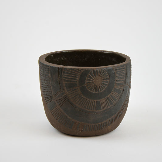 Small Black Clay Bowl with Black Sgraffito Tree Ring