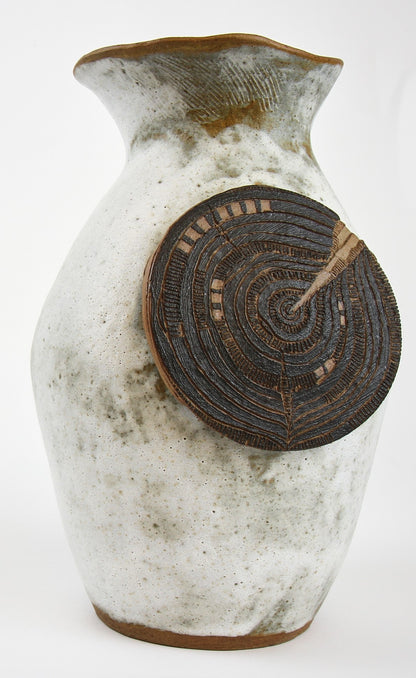 Large Stoneware Vase with Black Sgraffito Tree Ring