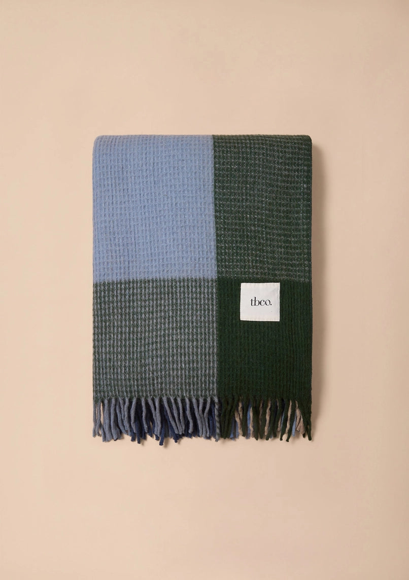Recycled Wool Blanket - Blue Waffle Block Check