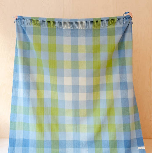 Recycled Wool Blanket / Throw in Blue Gradient Gingham