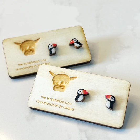 Wooden Puffin Earrings